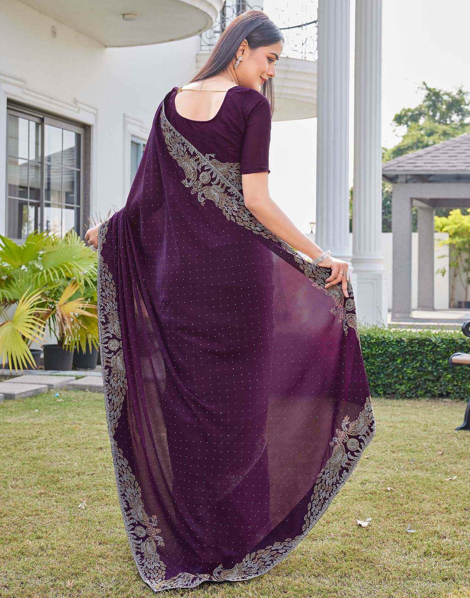 Wine Shimmer Stone Work Swarovski Saree