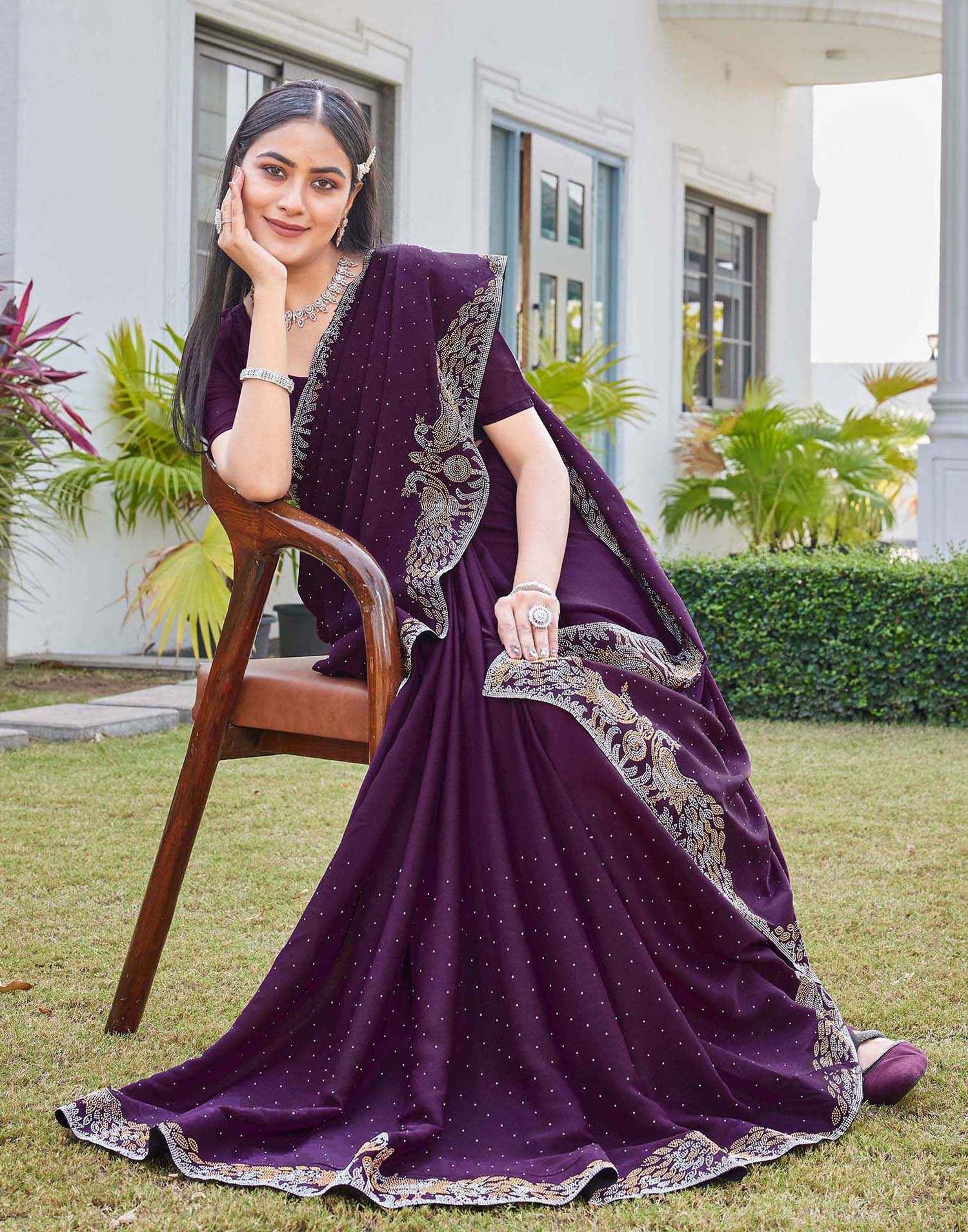 Wine Shimmer Stone Work Swarovski Saree