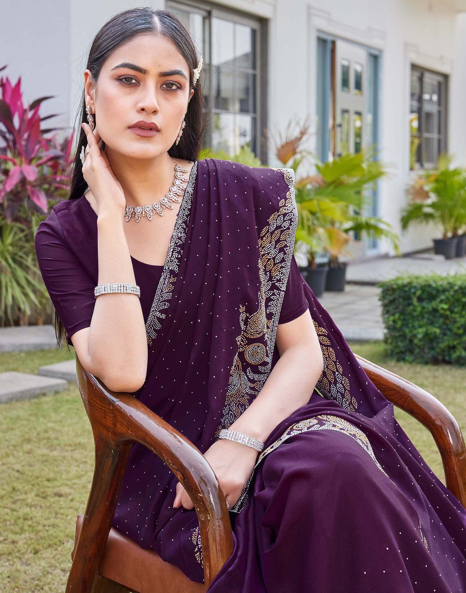 Wine Shimmer Stone Work Swarovski Saree