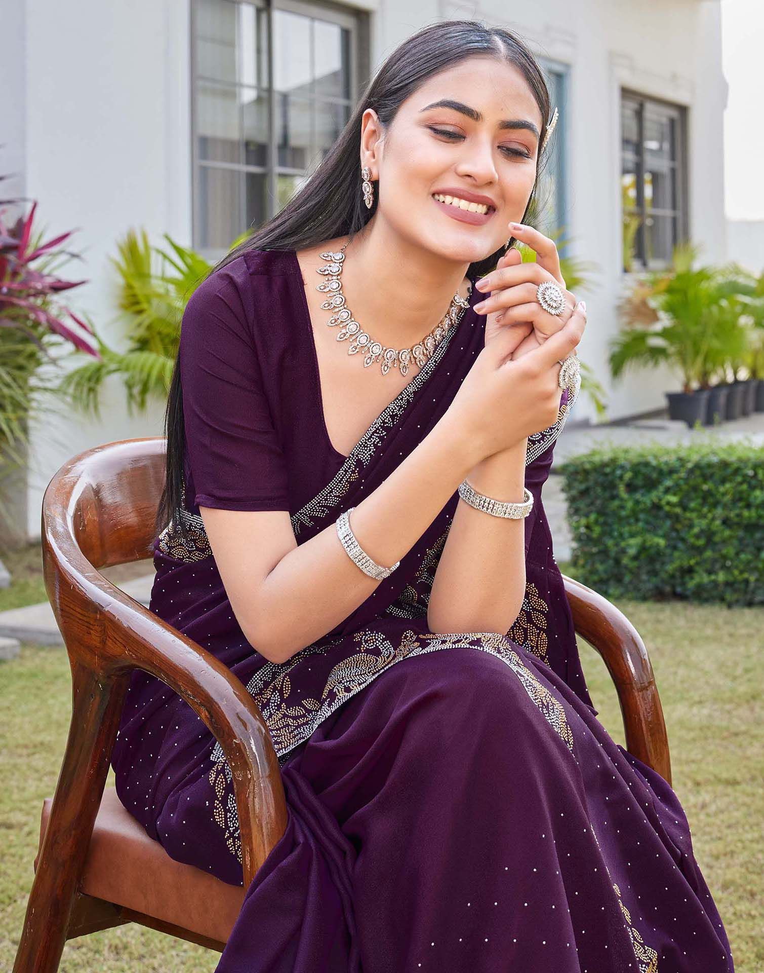 Wine Shimmer Stone Work Swarovski Saree