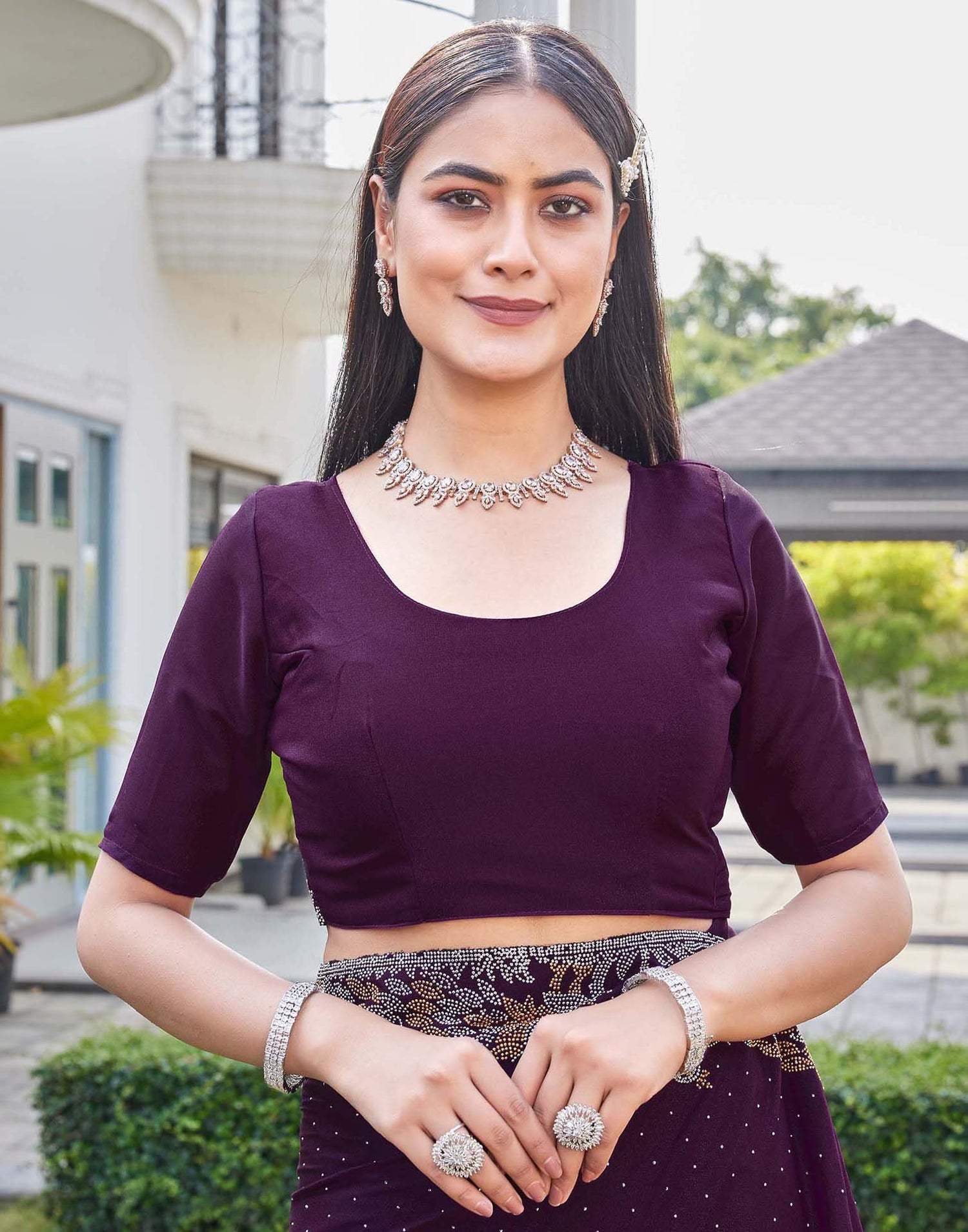 Wine Shimmer Stone Work Swarovski Saree