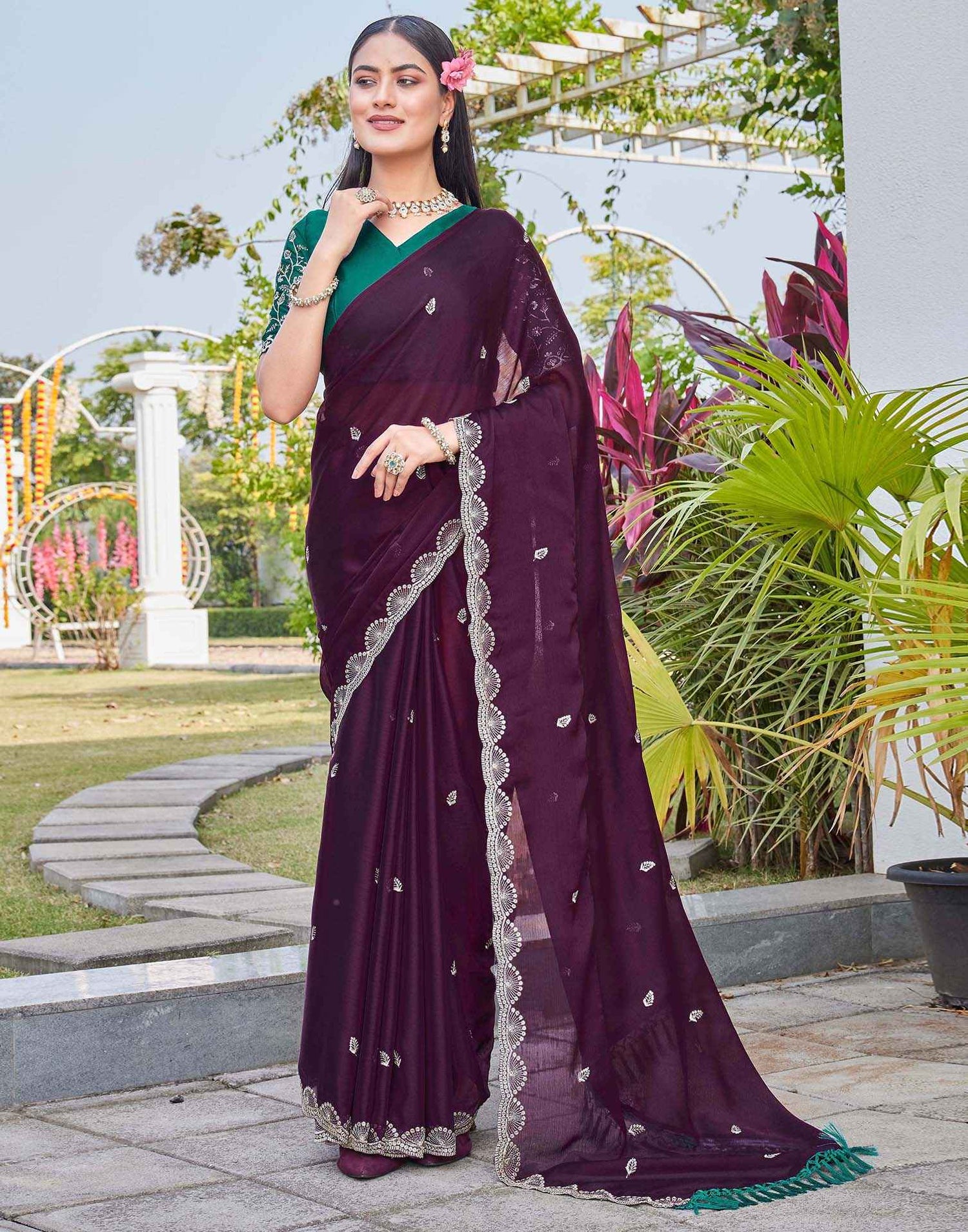 Dark Purple Chiffon Sequence Embroidery Saree