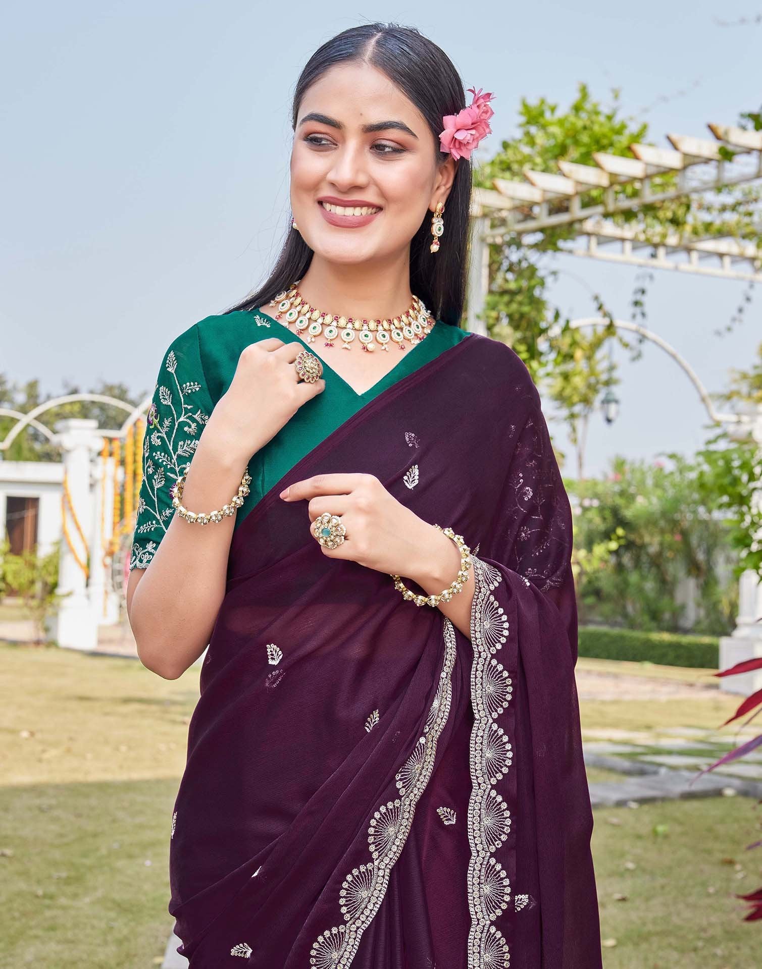 Dark Purple Chiffon Sequence Embroidery Saree