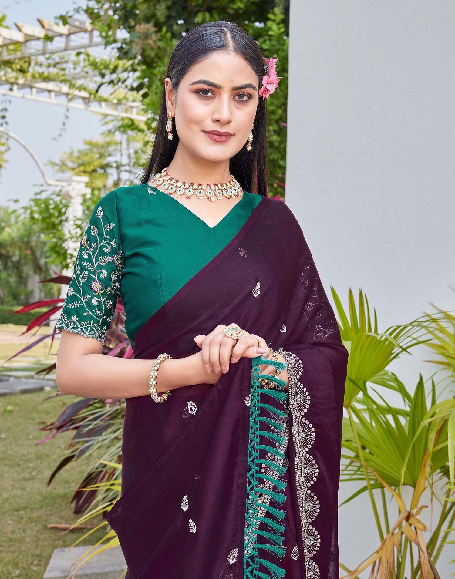Dark Purple Chiffon Sequence Embroidery Saree