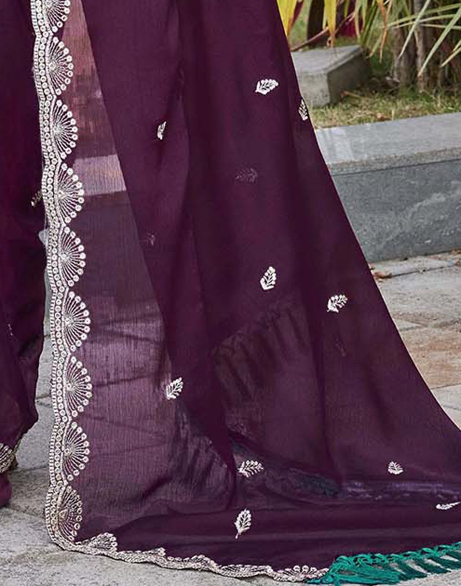Dark Purple Chiffon Sequence Embroidery Saree