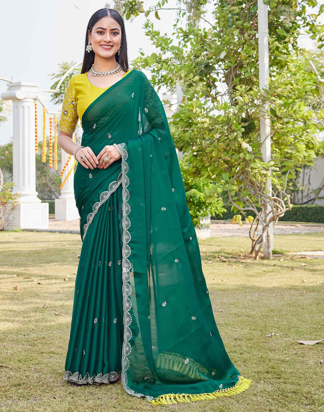 Teal Green Chiffon Sequence Embroidery Saree
