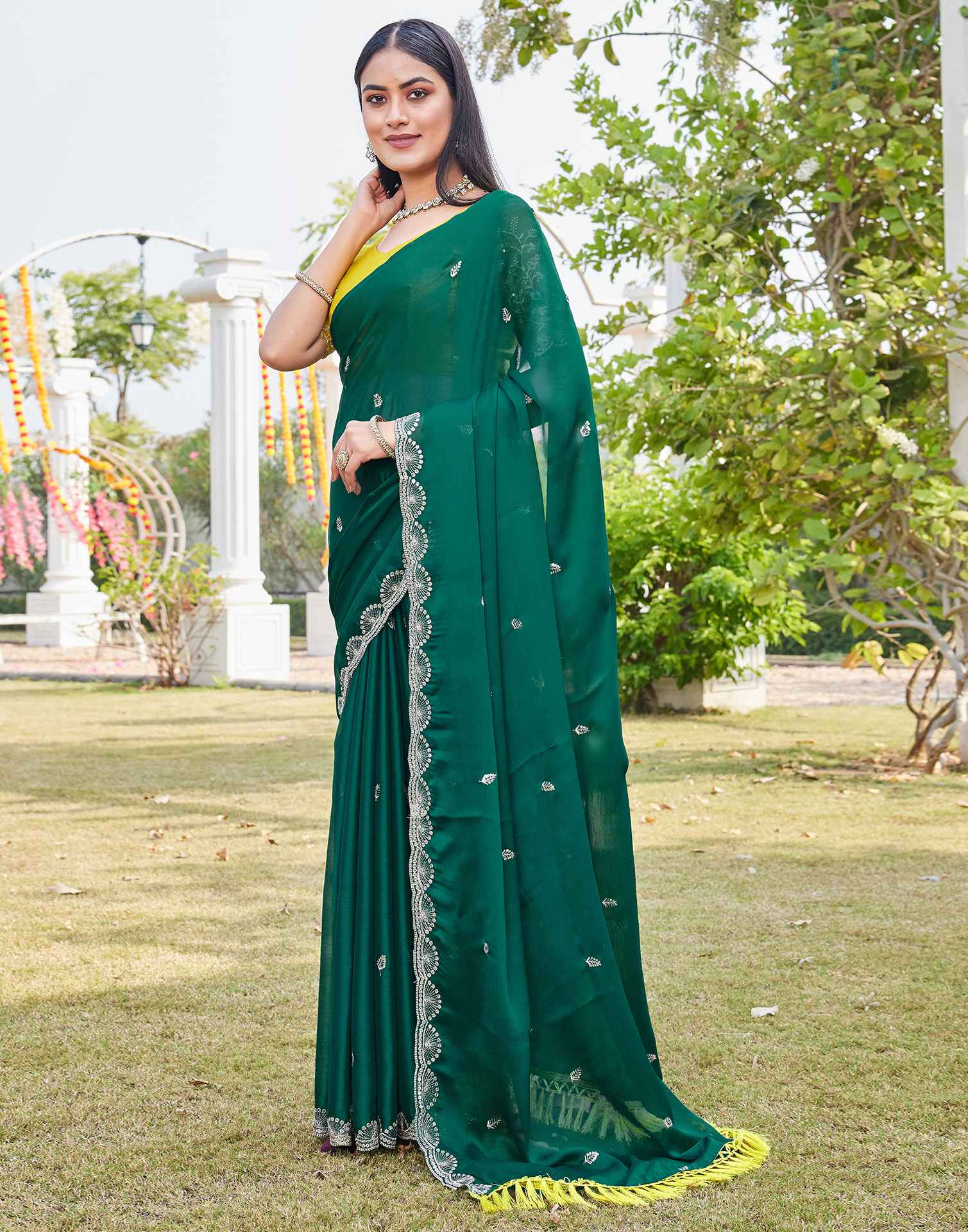 Teal Green Chiffon Sequence Embroidery Saree