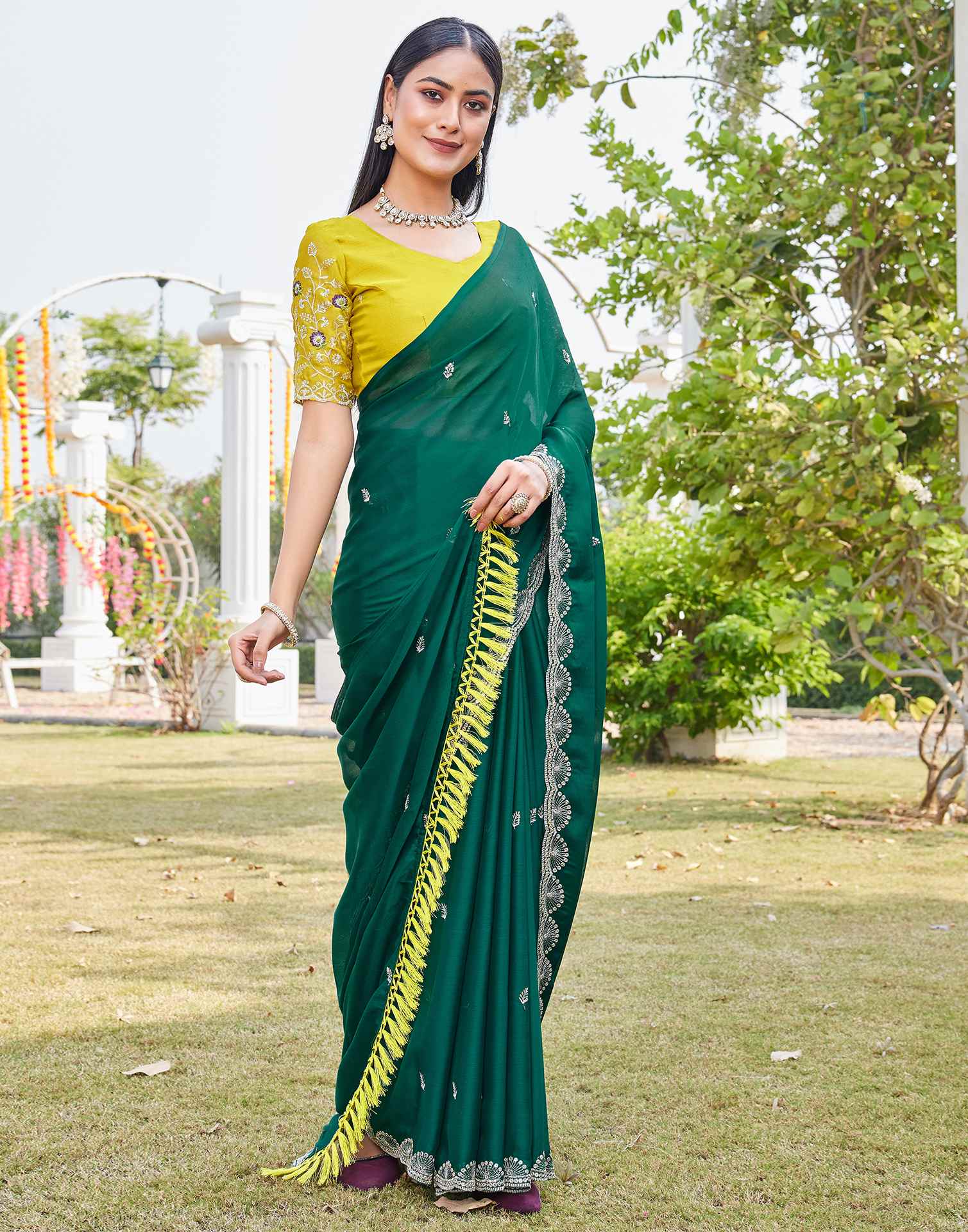 Teal Green Chiffon Sequence Embroidery Saree