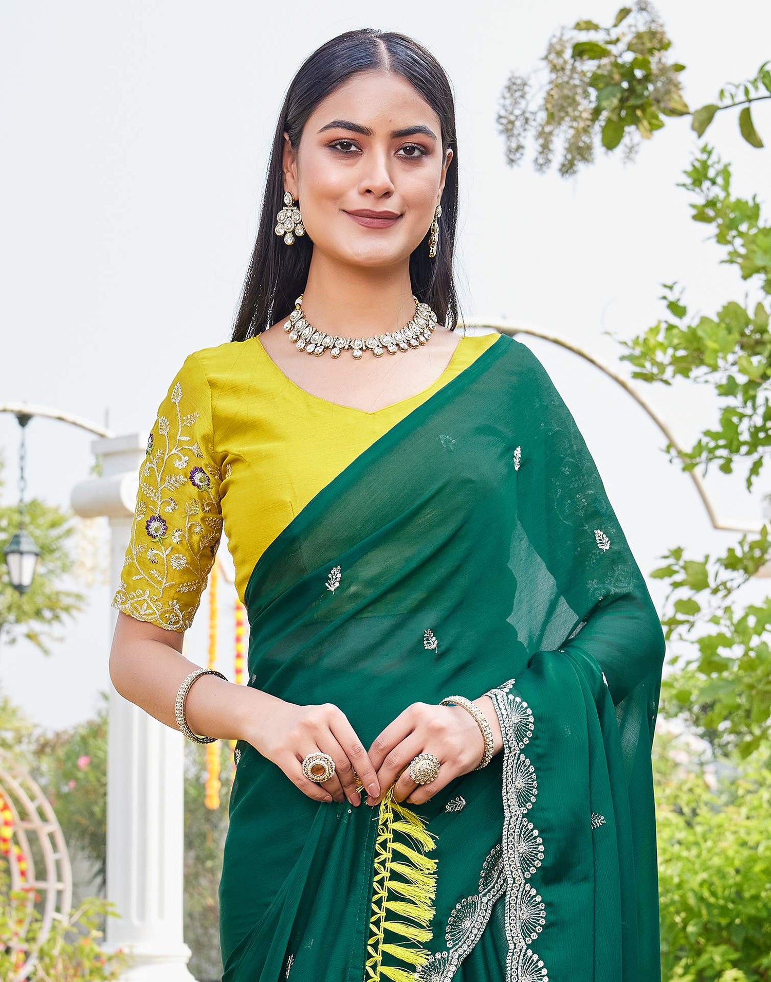 Teal Green Chiffon Sequence Embroidery Saree