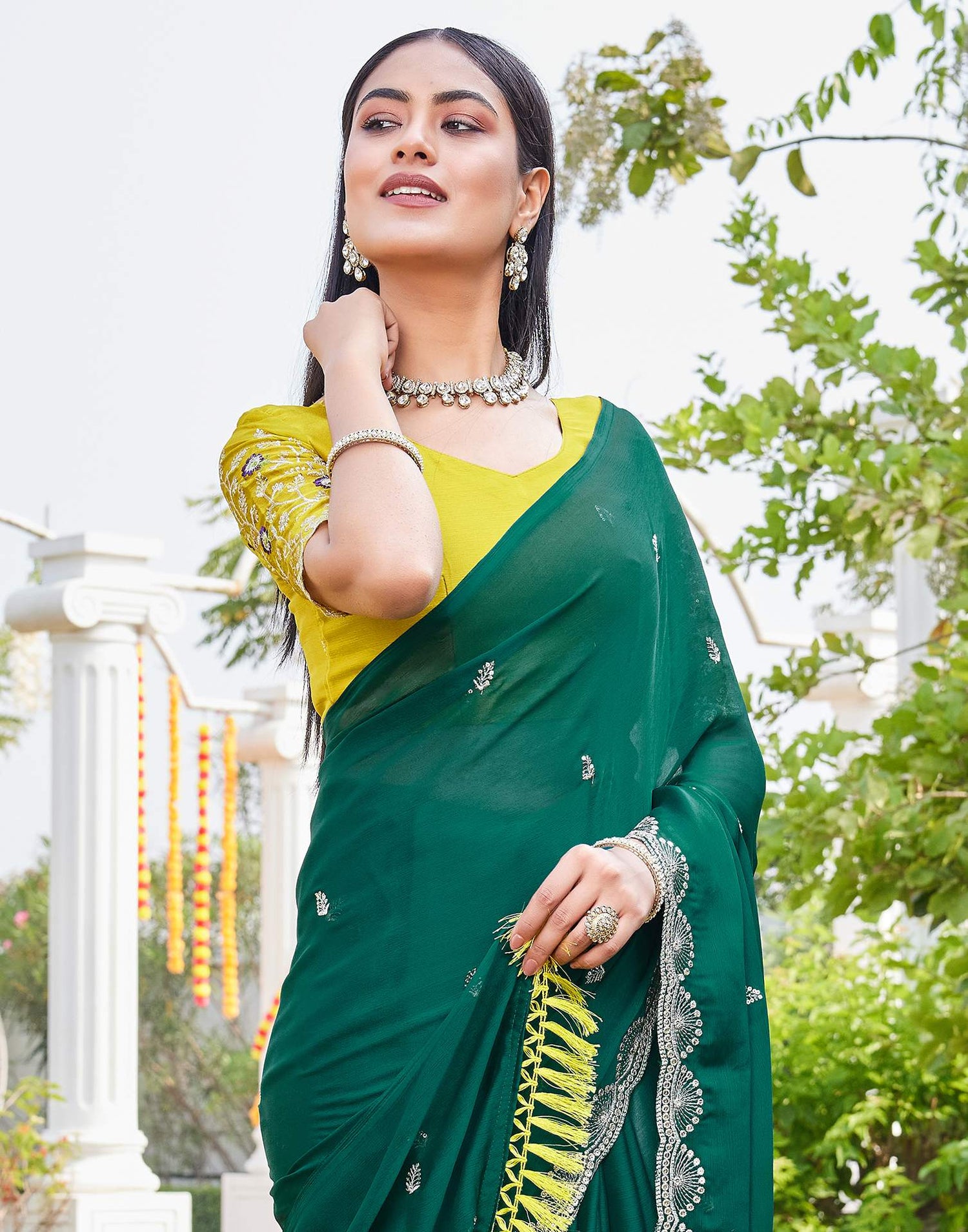 Teal Green Chiffon Sequence Embroidery Saree