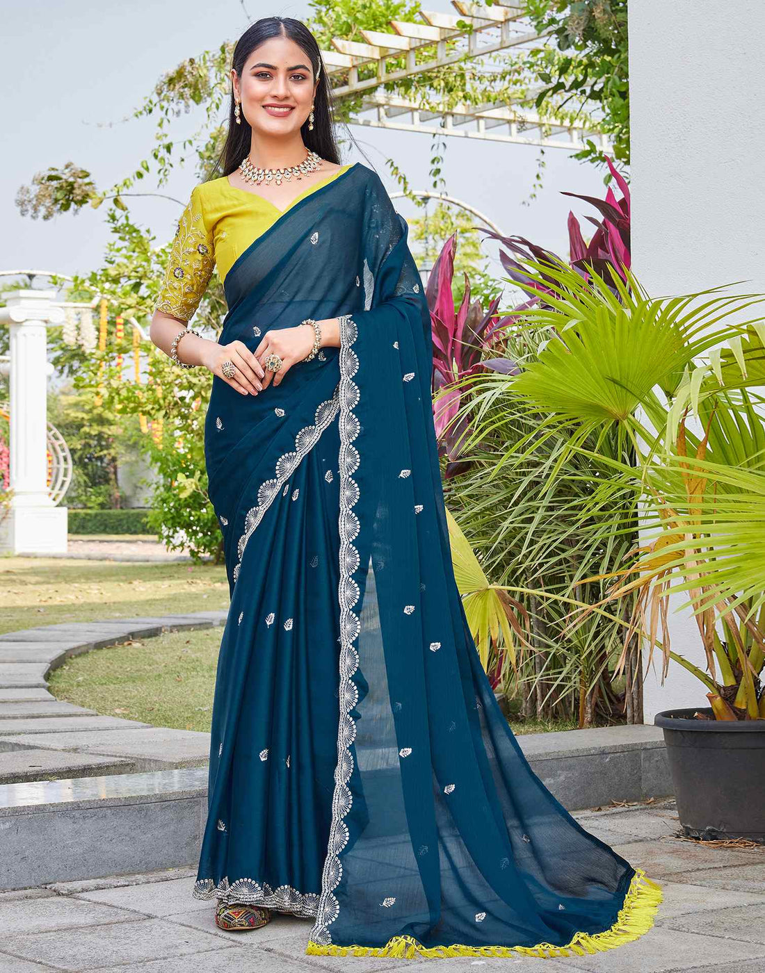 Teal Blue Chiffon Sequence Embroidery Saree
