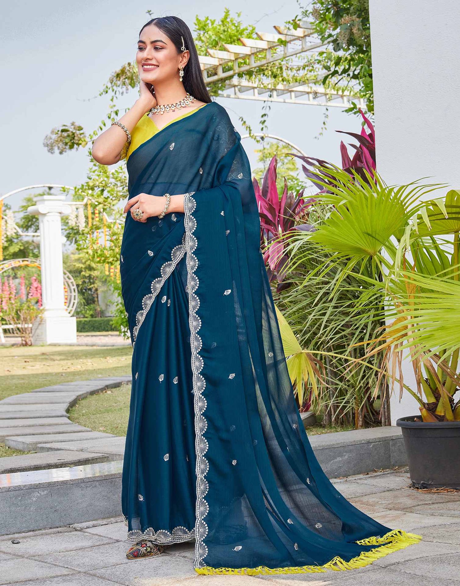 Teal Blue Chiffon Sequence Embroidery Saree