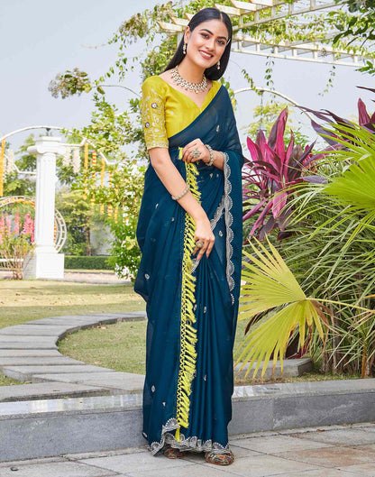 Teal Blue Chiffon Sequence Embroidery Saree