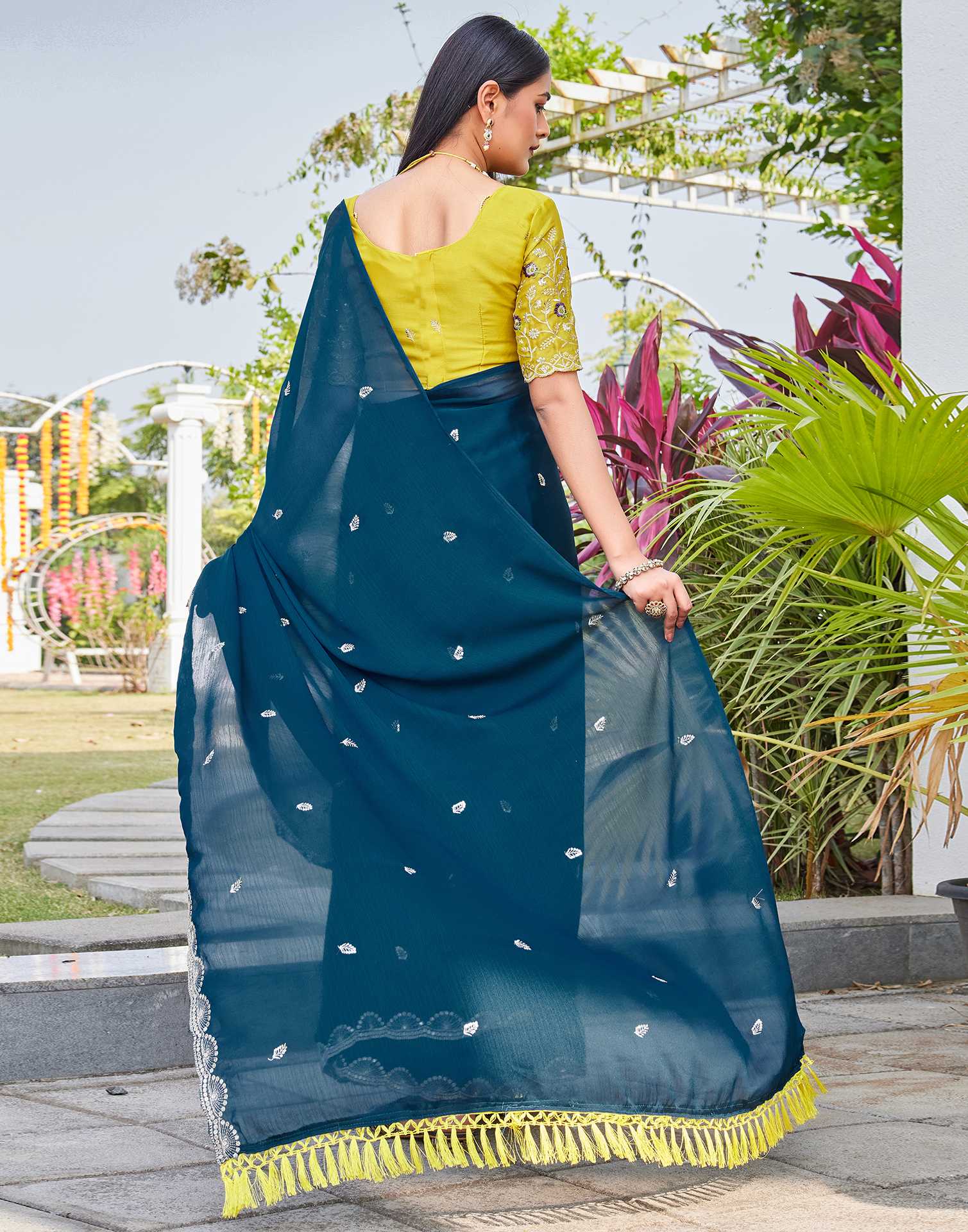 Teal Blue Chiffon Sequence Embroidery Saree