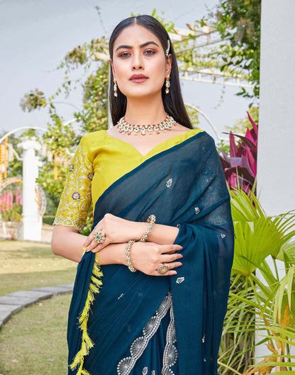 Teal Blue Chiffon Sequence Embroidery Saree