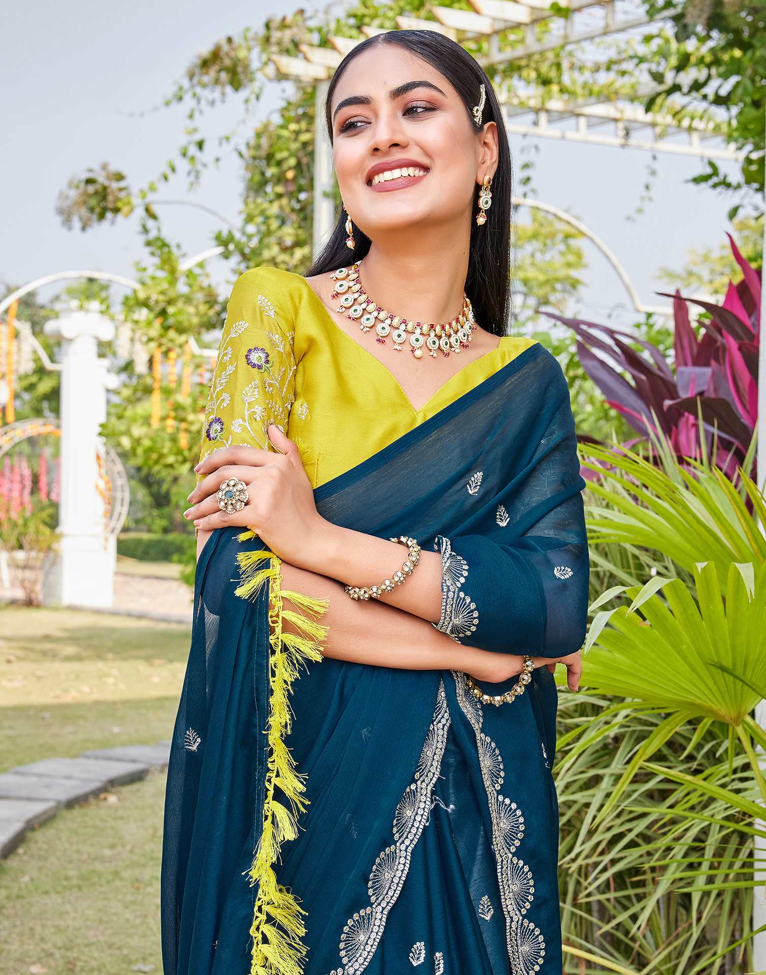 Teal Blue Chiffon Sequence Embroidery Saree