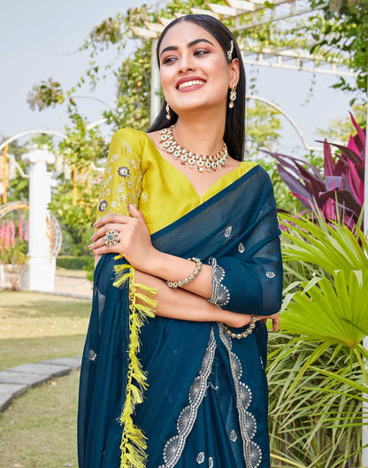Teal Blue Chiffon Sequence Embroidery Saree