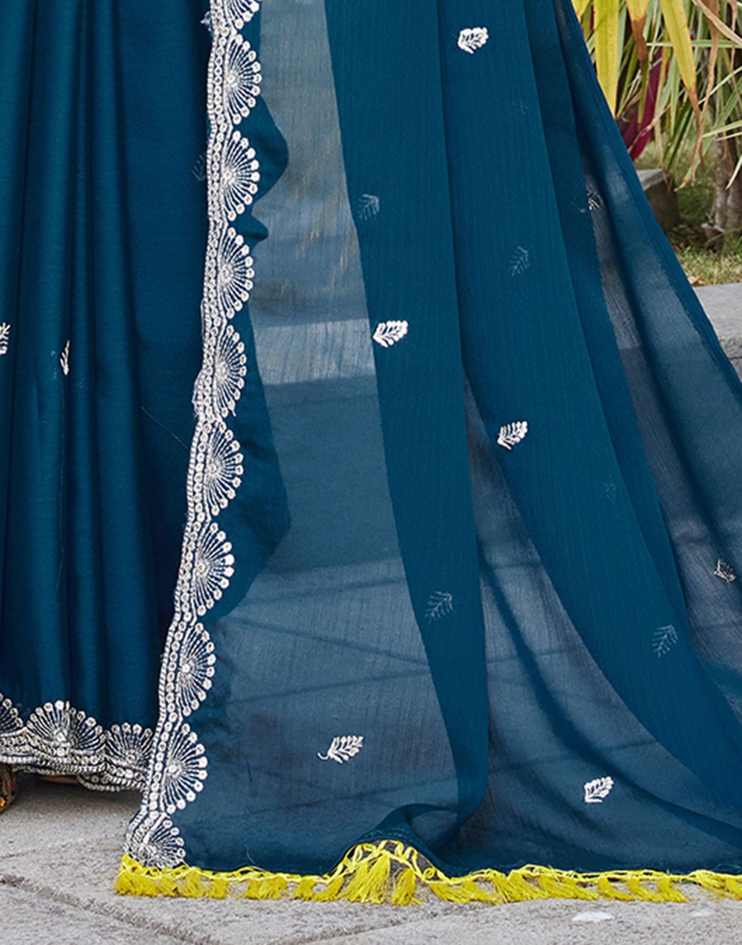 Teal Blue Chiffon Sequence Embroidery Saree