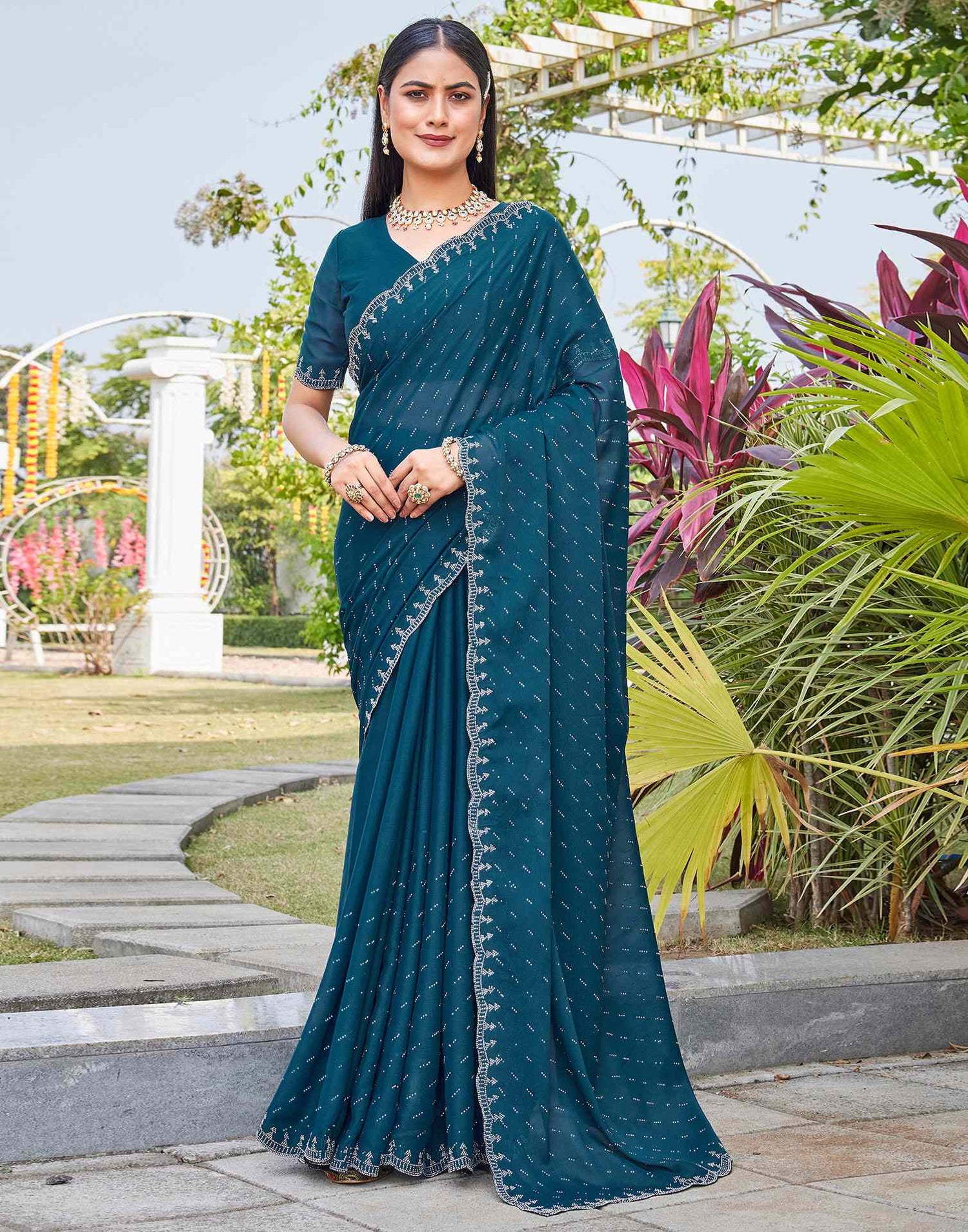 Teal Blue Shimmer Stone Work Swarovski Saree