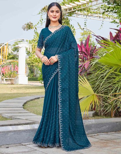 Teal Blue Shimmer Stone Work Swarovski Saree