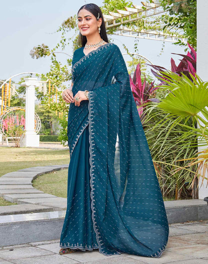 Teal Blue Shimmer Stone Work Swarovski Saree