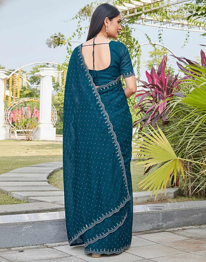 Teal Blue Shimmer Stone Work Swarovski Saree