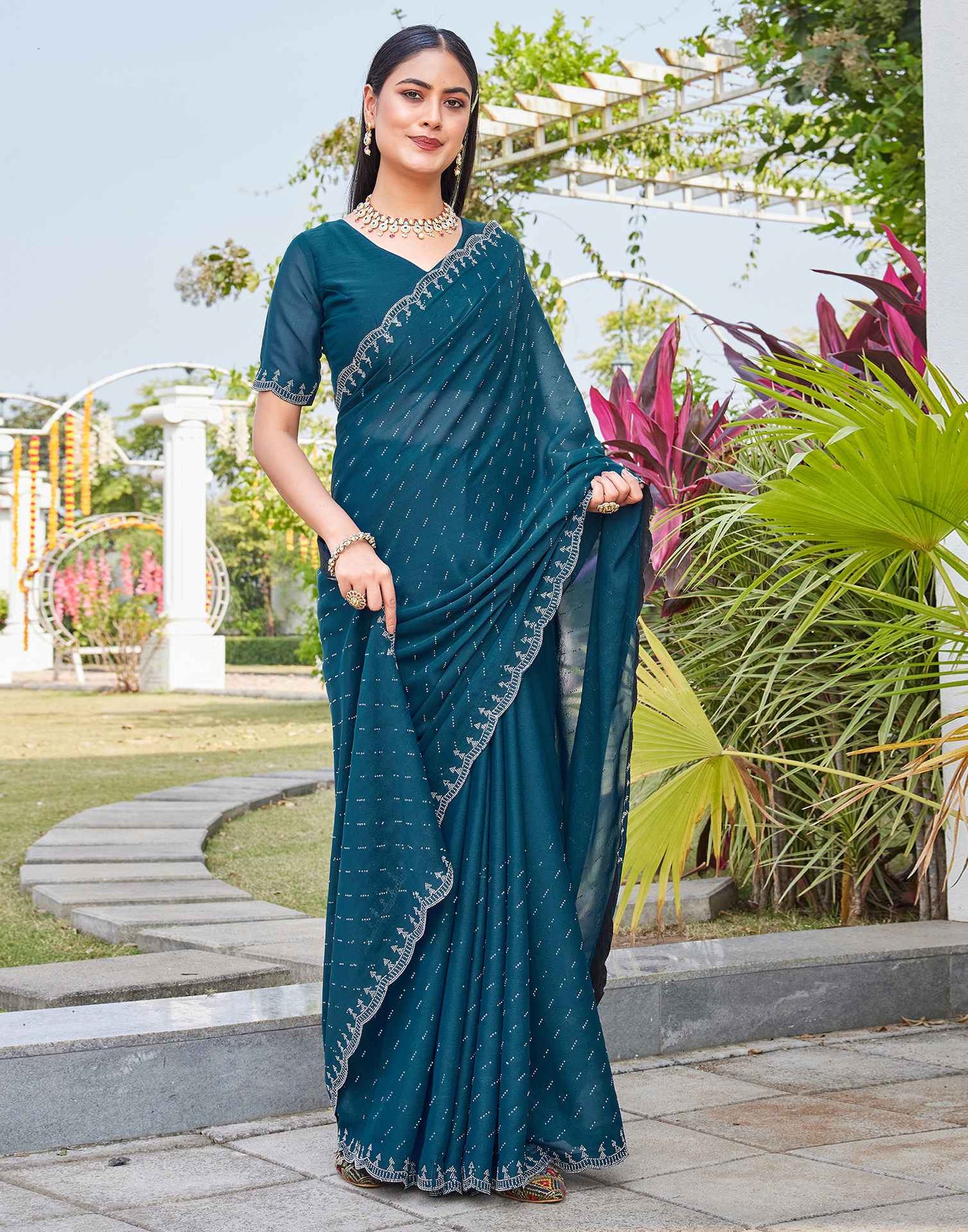 Teal Blue Shimmer Stone Work Swarovski Saree