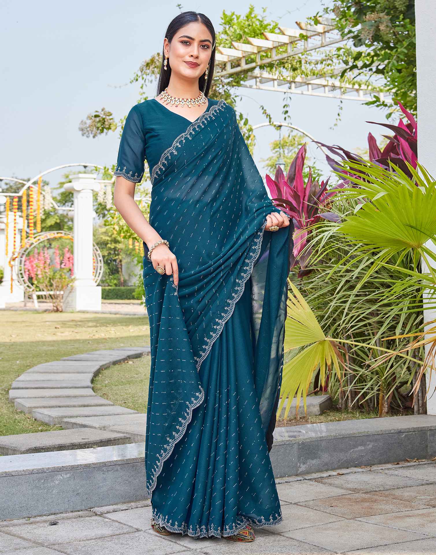 Teal Blue Shimmer Stone Work Swarovski Saree