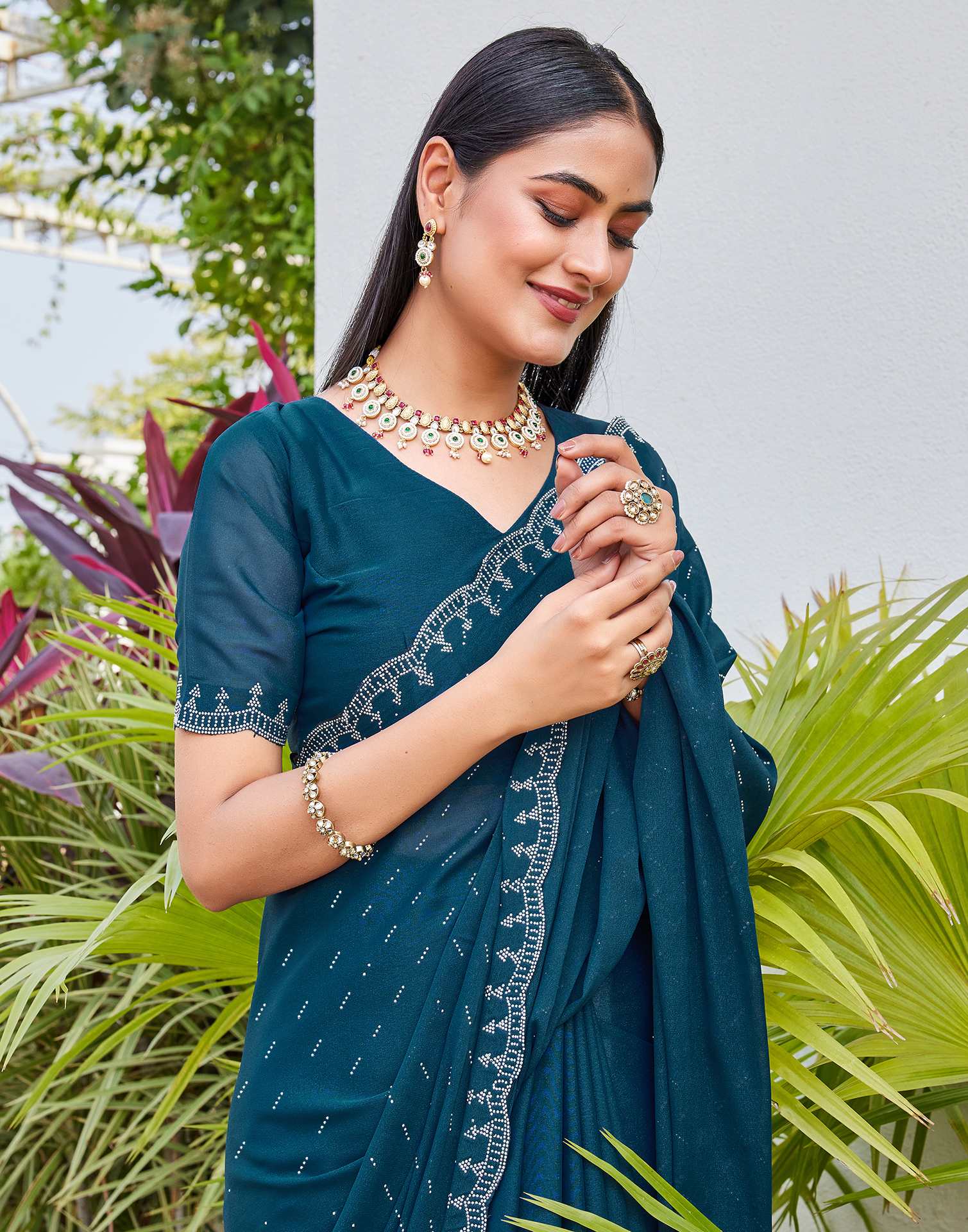 Teal Blue Shimmer Stone Work Swarovski Saree