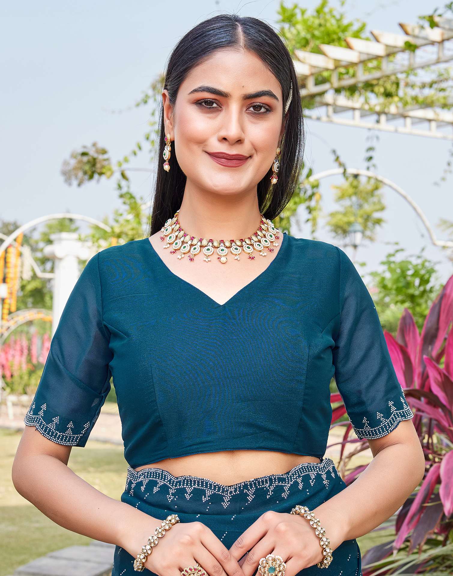 Teal Blue Shimmer Stone Work Swarovski Saree