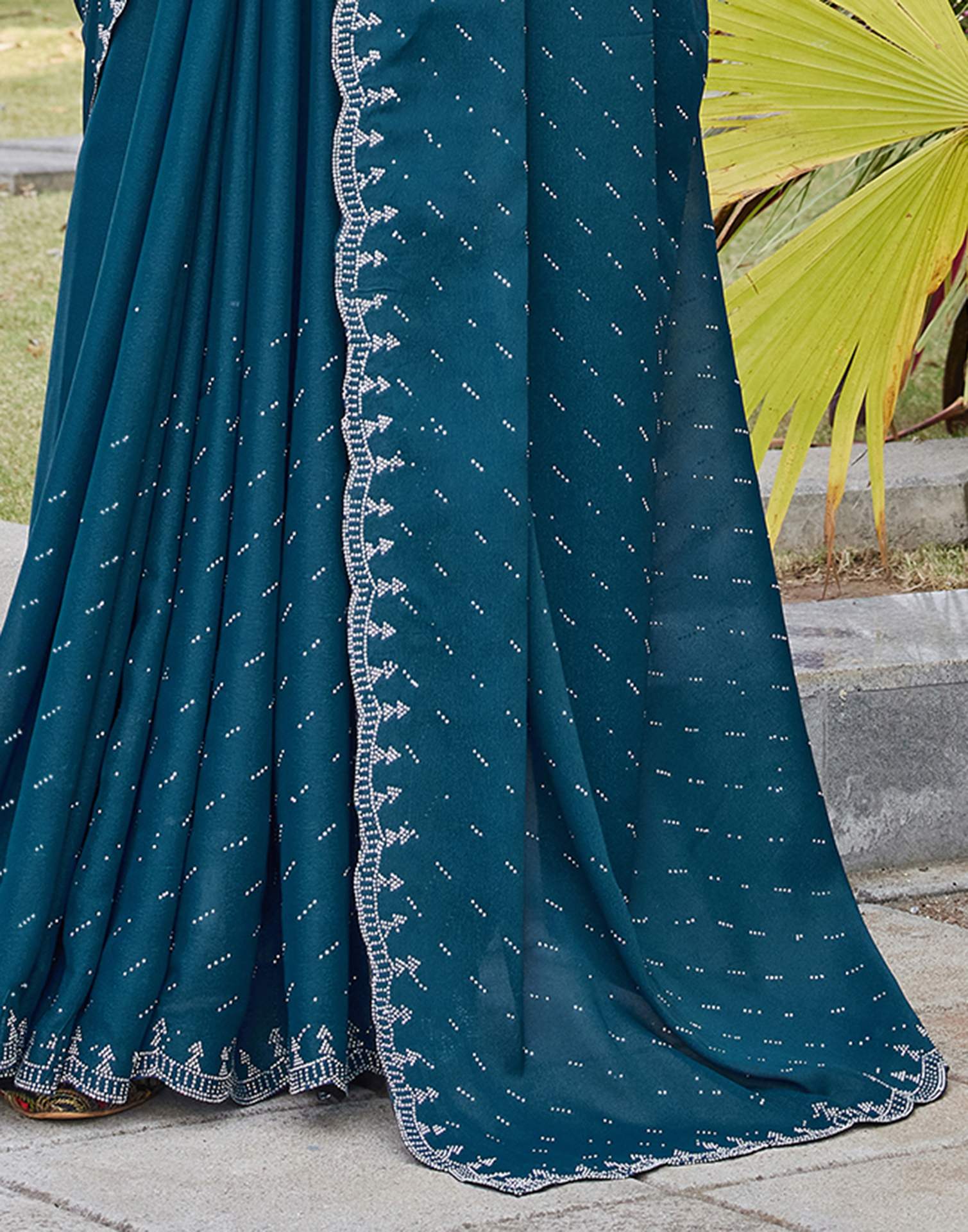 Teal Blue Shimmer Stone Work Swarovski Saree