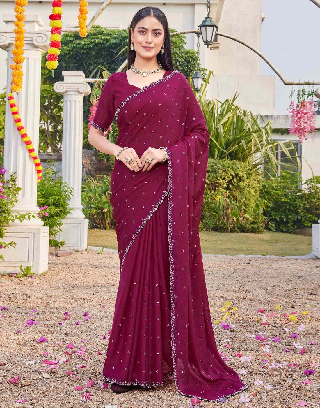 Rani Pink Shimmer Stone Work Swarovski Saree