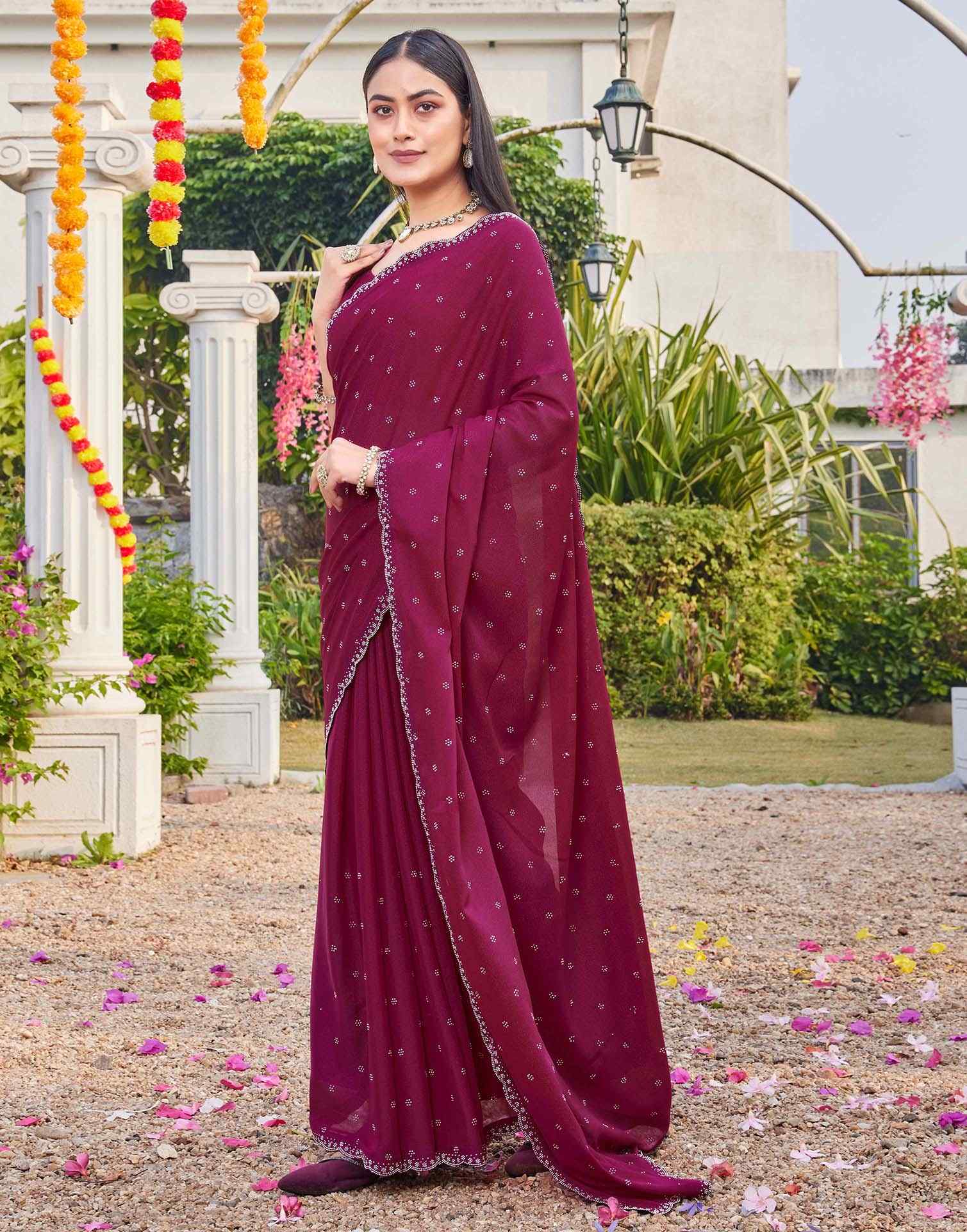 Rani Pink Shimmer Stone Work Swarovski Saree