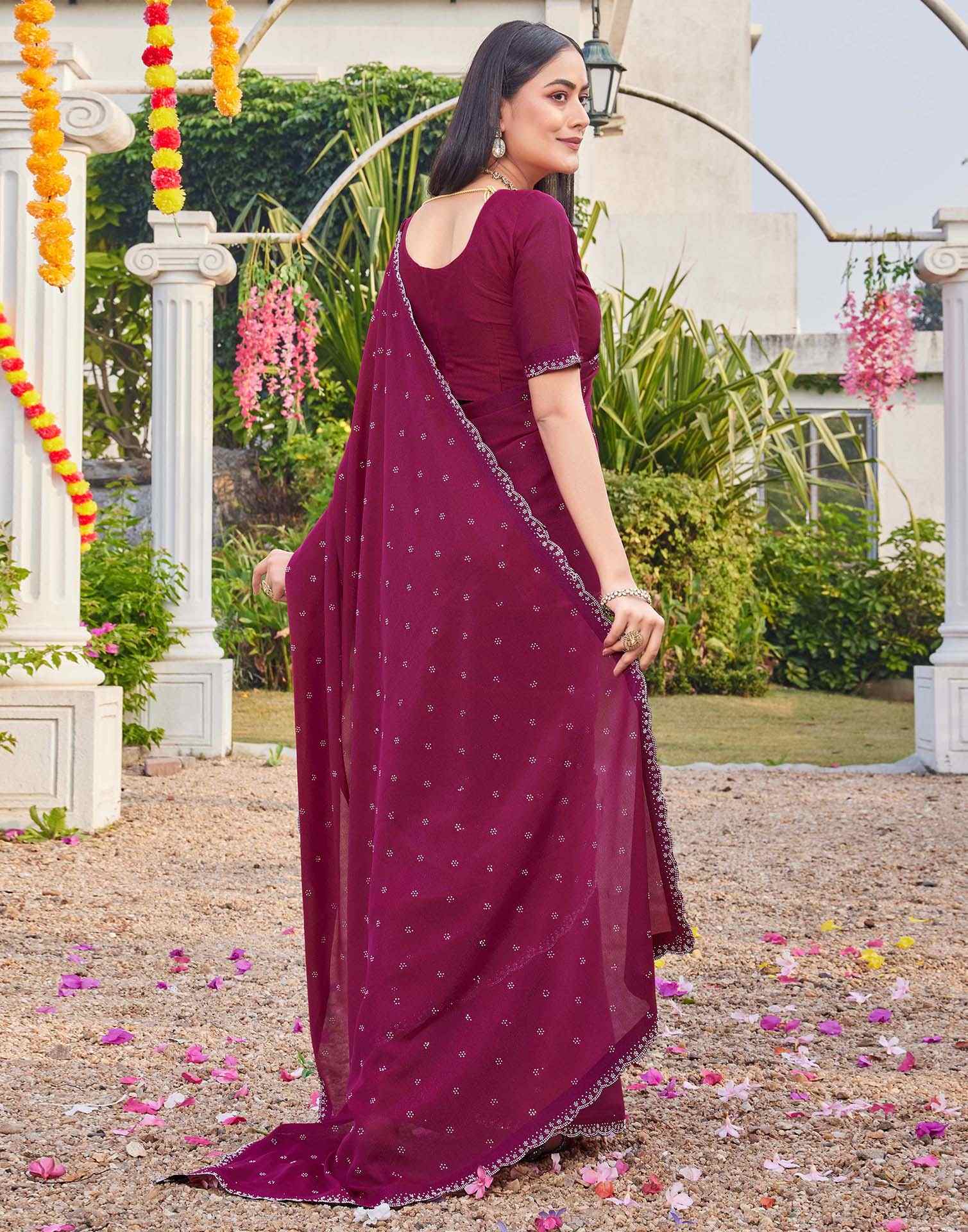 Rani Pink Shimmer Stone Work Swarovski Saree