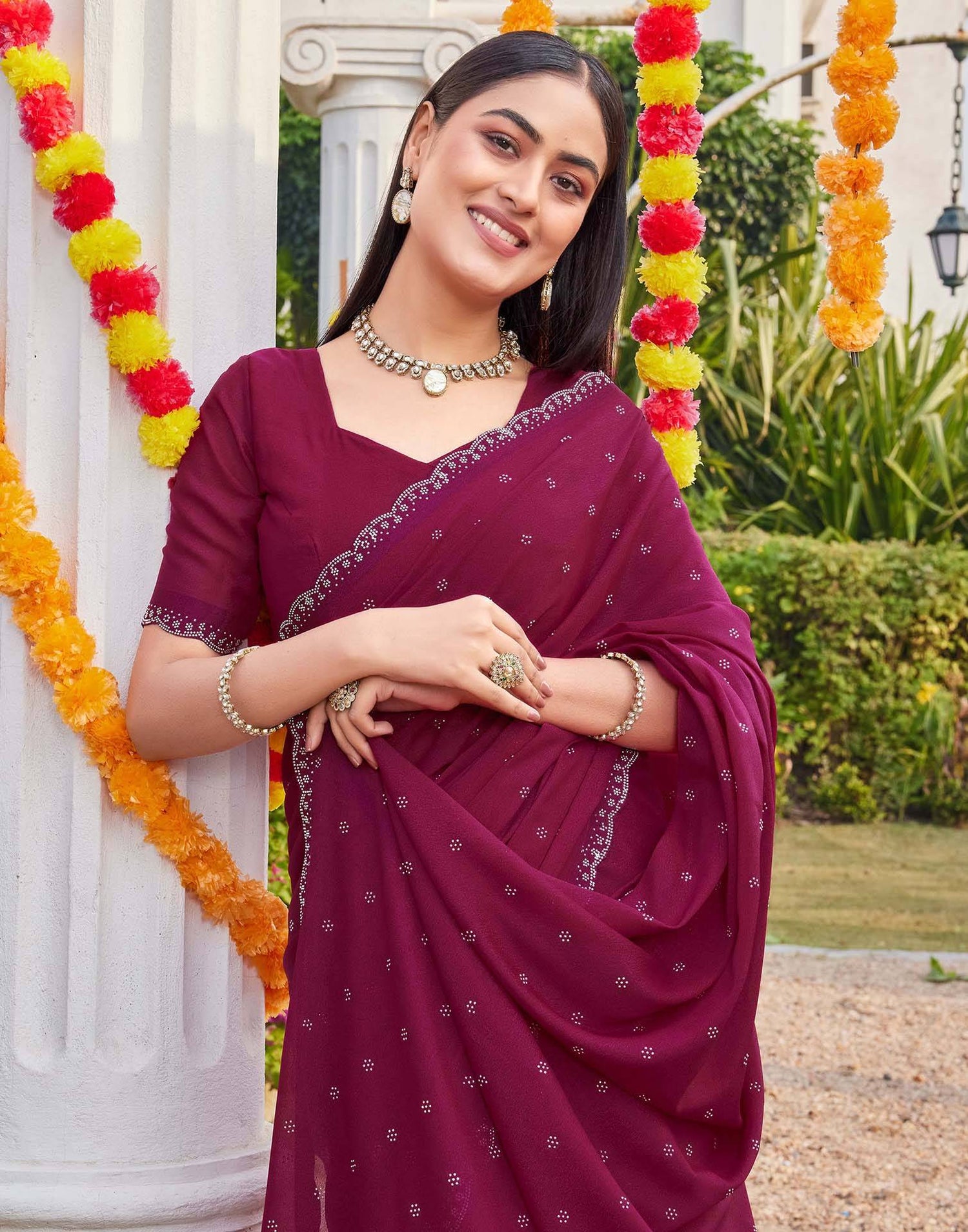 Rani Pink Shimmer Stone Work Swarovski Saree