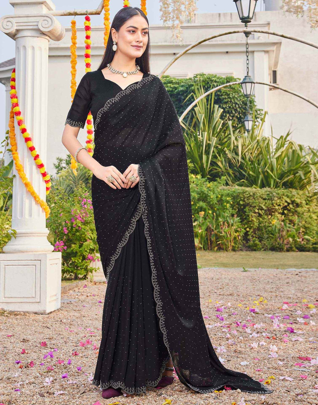 Black Georgette Stone Work Swarovski Saree