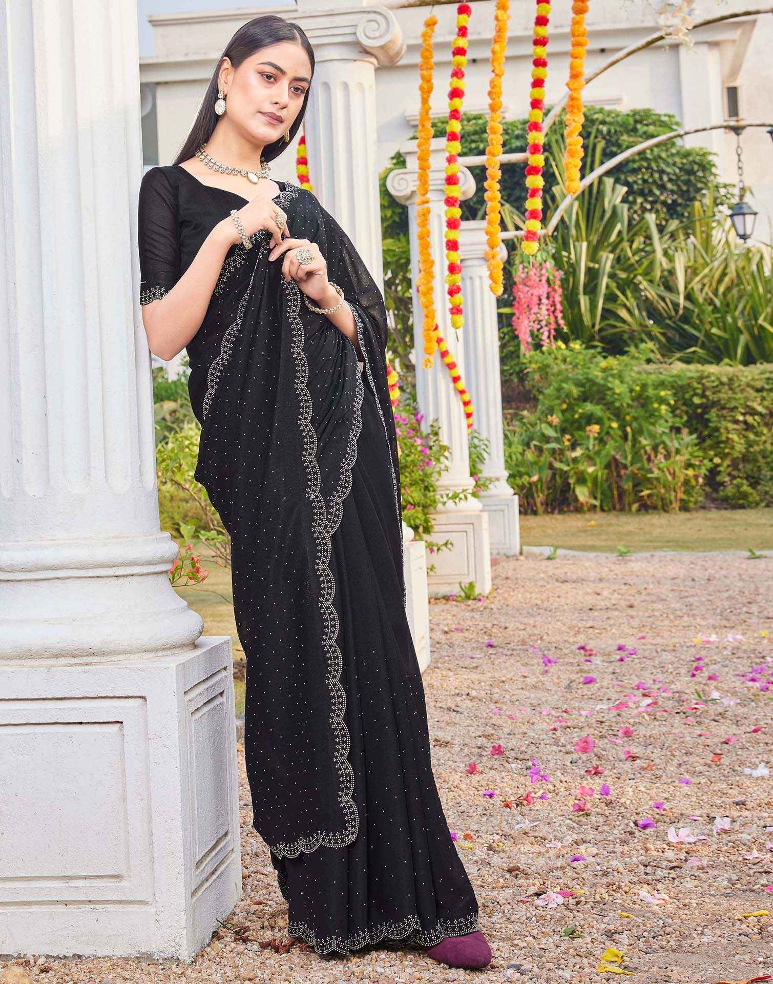 Black Georgette Stone Work Swarovski Saree