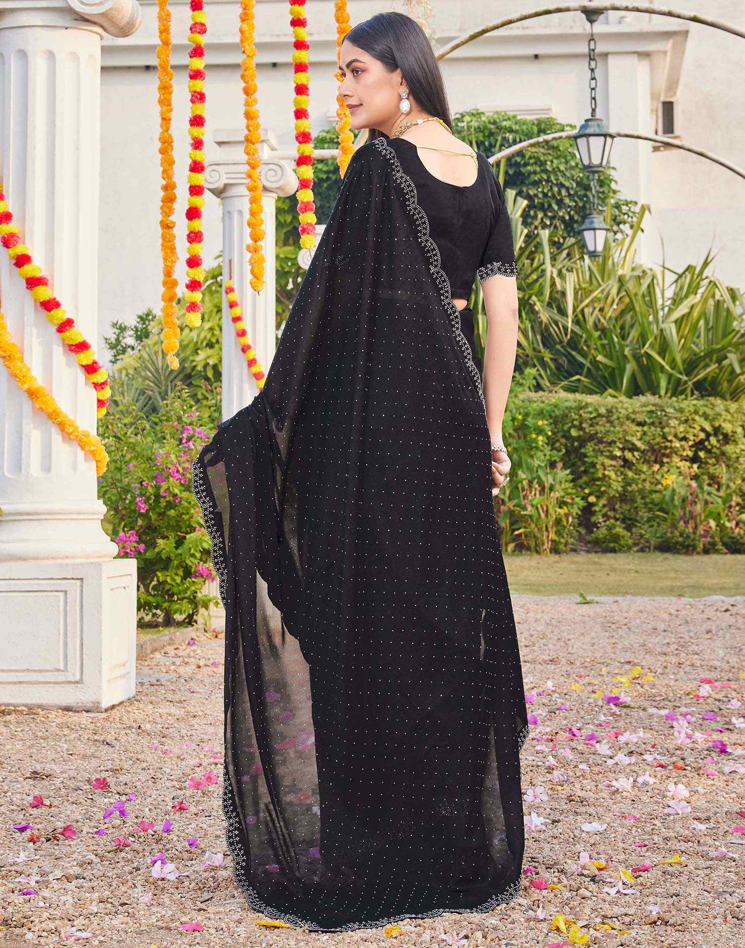 Black Georgette Stone Work Swarovski Saree