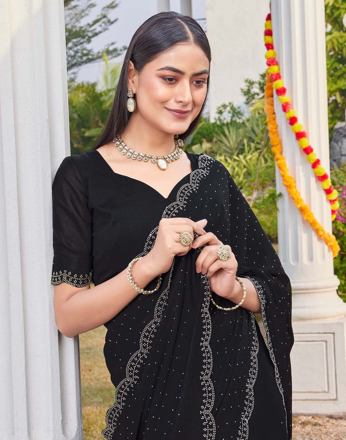 Black Georgette Stone Work Swarovski Saree