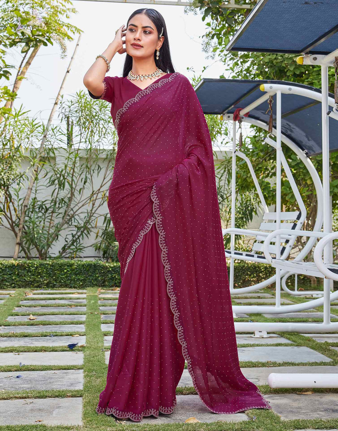 Rani Pink Georgette Stone Work Swarovski Saree