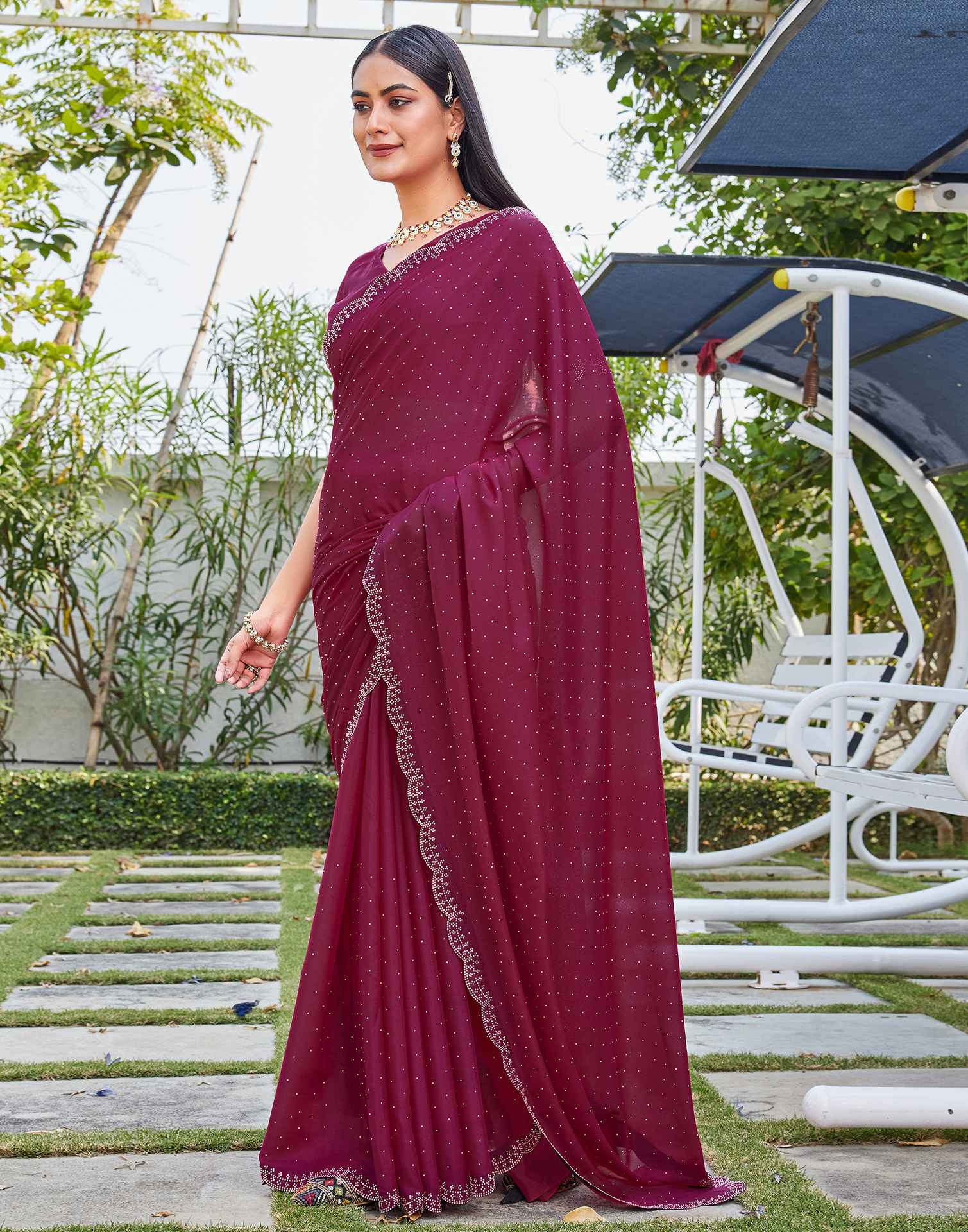 Rani Pink Georgette Stone Work Swarovski Saree