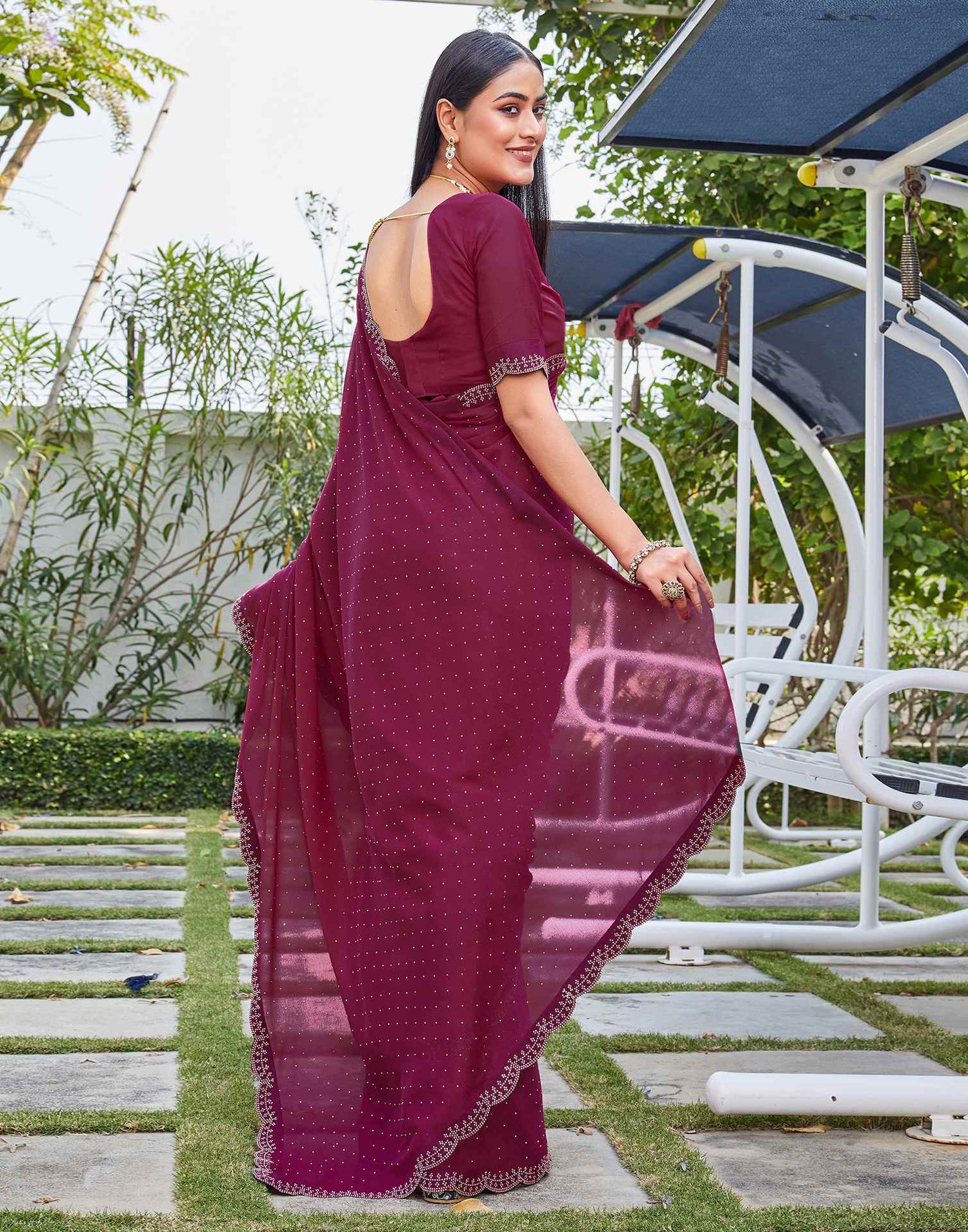 Rani Pink Georgette Stone Work Swarovski Saree