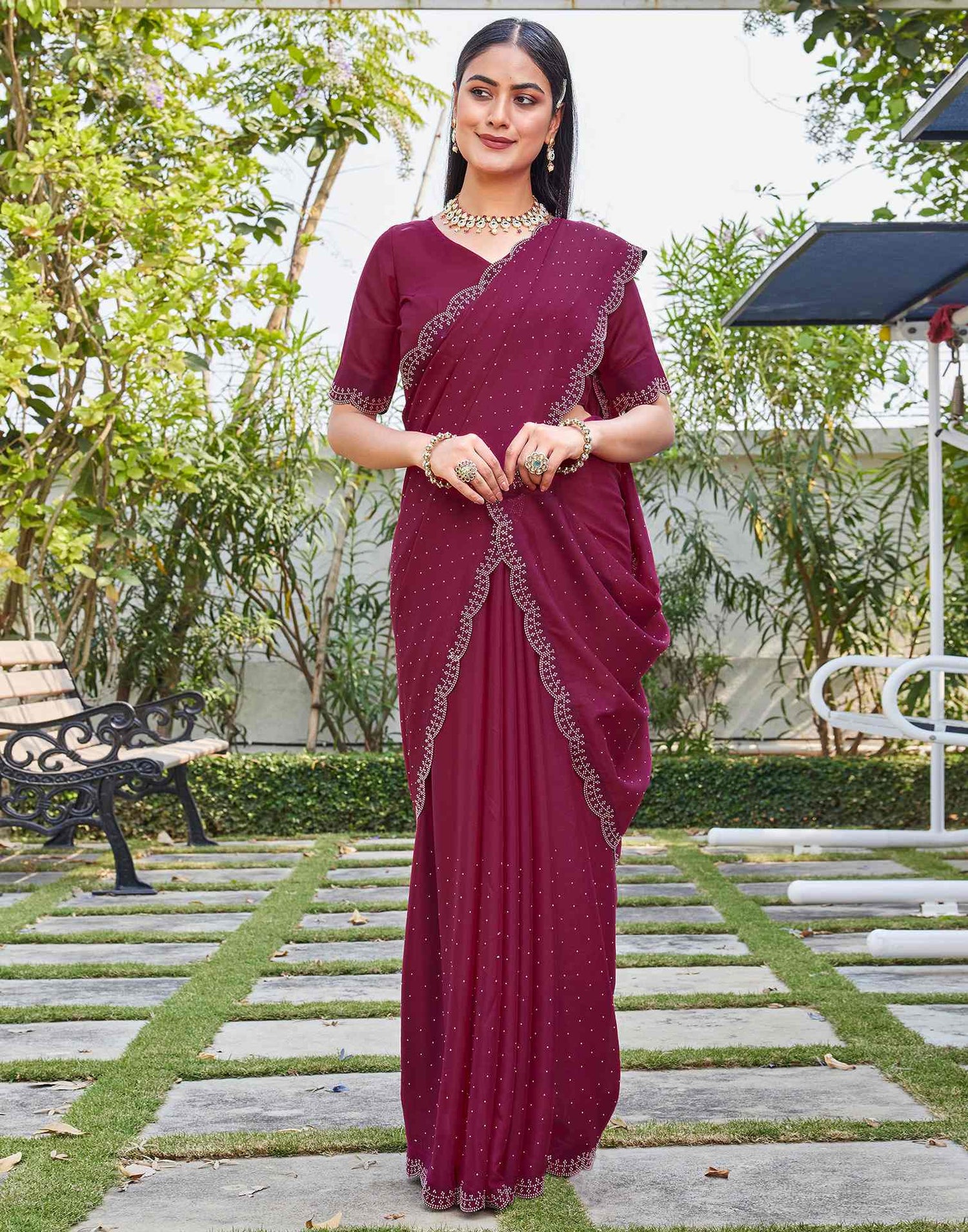 Rani Pink Georgette Stone Work Swarovski Saree