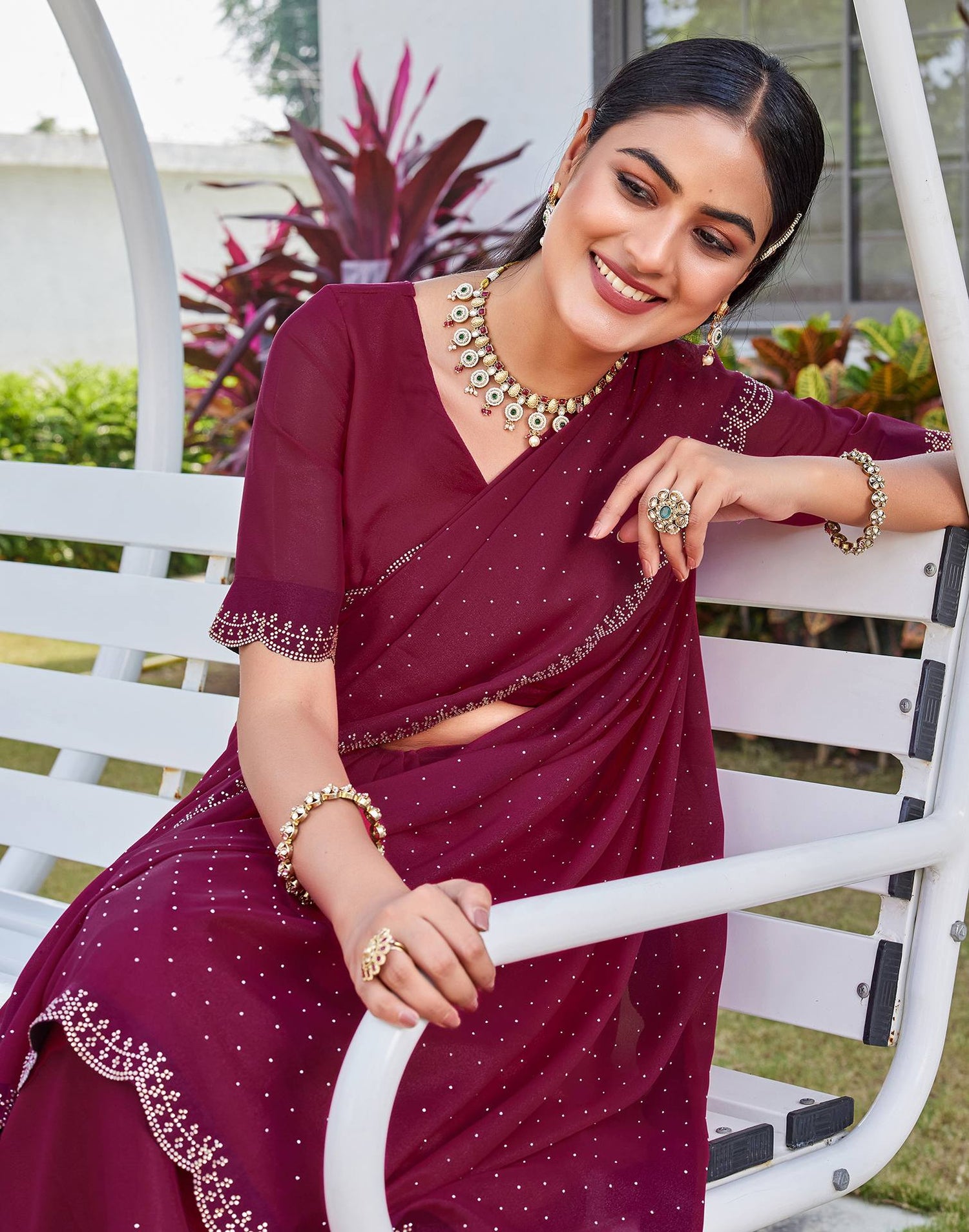 Rani Pink Georgette Stone Work Swarovski Saree