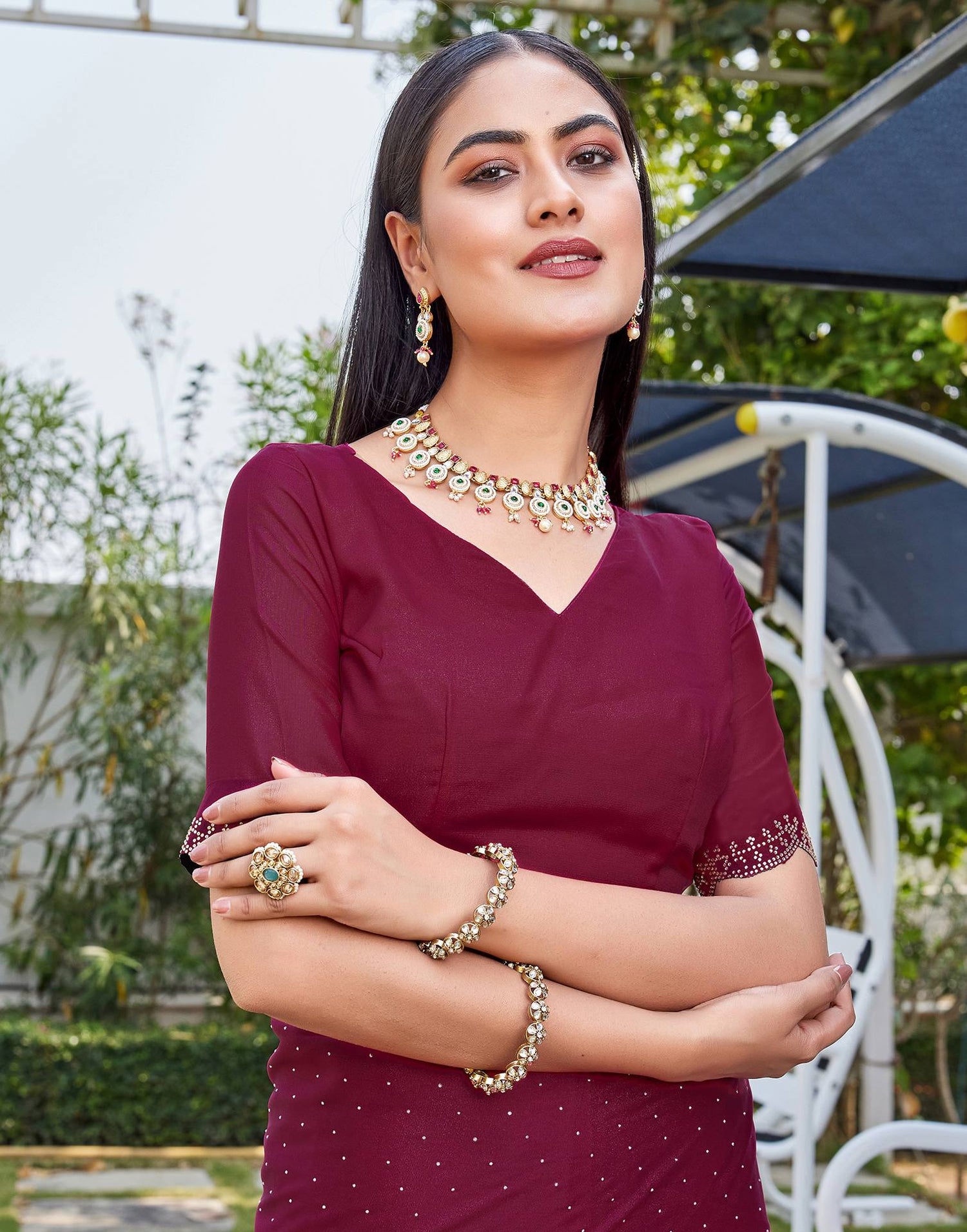 Rani Pink Georgette Stone Work Swarovski Saree