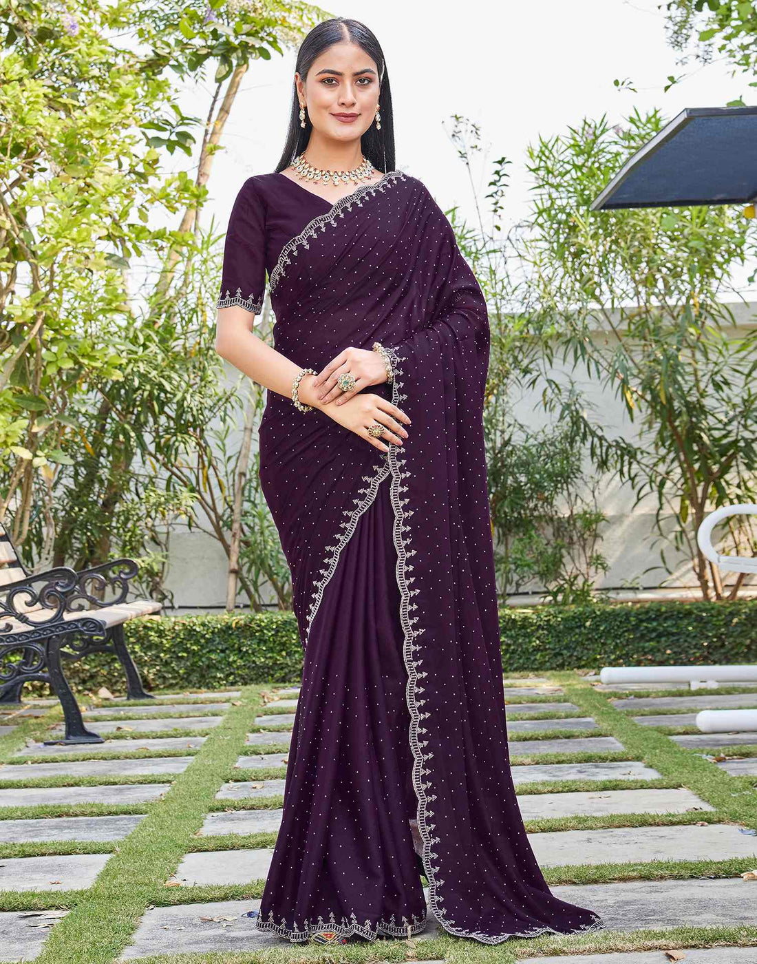 Dark Wine Georgette Stone Work Swarovski Saree