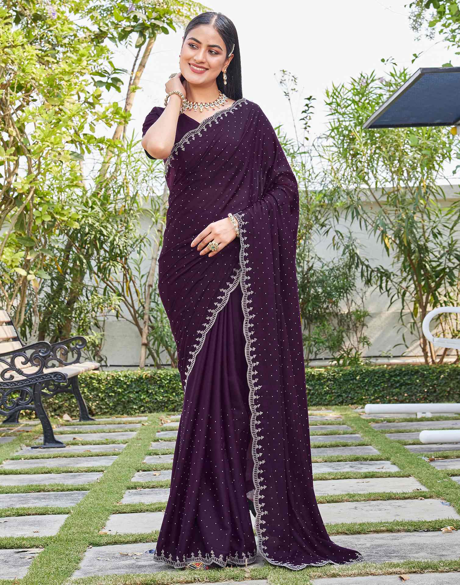 Dark Wine Georgette Stone Work Swarovski Saree
