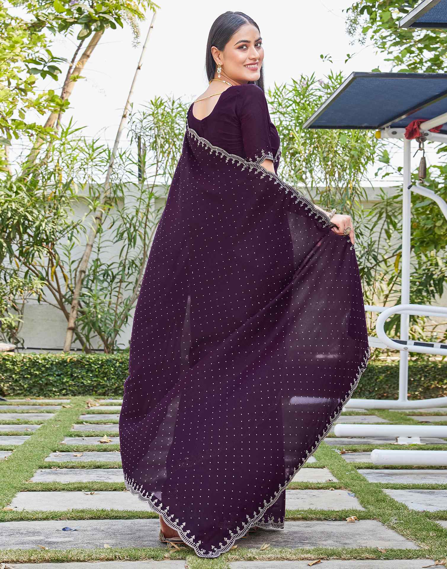 Dark Wine Georgette Stone Work Swarovski Saree