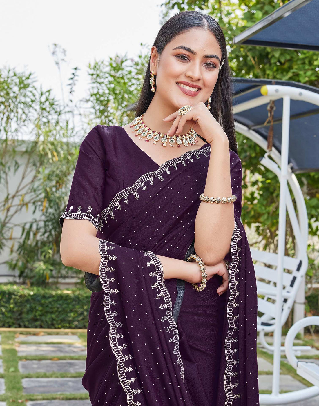 Dark Wine Georgette Stone Work Swarovski Saree
