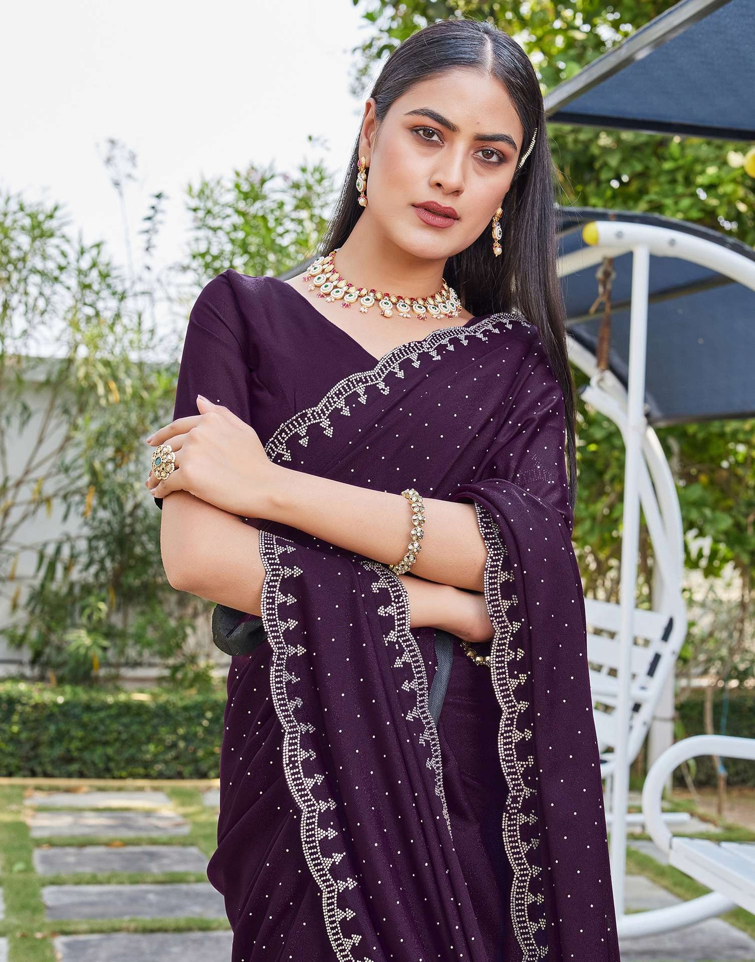Dark Wine Georgette Stone Work Swarovski Saree